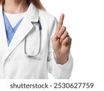 Doctor with stethoscope pointing at something on white background, closeup