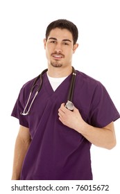 A Doctor With A Stethoscope In Purple Scrubs Smiling.