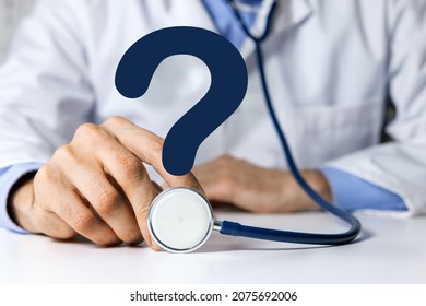 Doctor With Stethoscope And Question Mark. Medical Advice, Health Care Confusion And Faq Concept