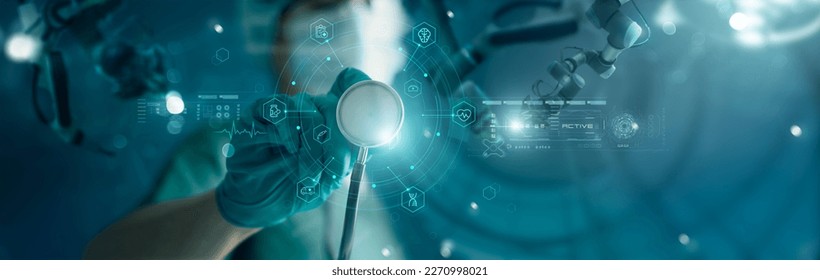 Doctor with stethoscope and Ui icon medical with advanced surgery robotic are precision on virtual interface, Future of healthcare, Medical, Science and Technology. - Shutterstock ID 2270998021