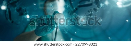 Doctor with stethoscope and Ui icon medical with advanced surgery robotic are precision on virtual interface, Future of healthcare, Medical, Science and Technology.