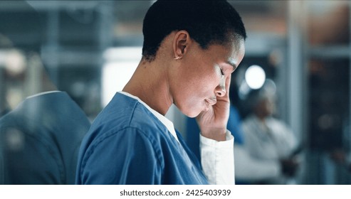 Doctor, stress and black woman with headache, anxiety or neck pain while working in a hospital at night. Healthcare, anxiety and female nurse with burnout, vertigo or joint, fibromyalgia or tension - Powered by Shutterstock