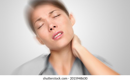 Doctor Stress Massaging Neck Back Pain Muscle Tension Relief. Upset Asian Woman At Work Tired With Torticollis Panoramic - Unhappy Person .