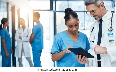 Doctor, Student And Hospital Training On Tablet With Advice And Wisdom From Medical Professional. Healthcare, Mentor And Management Of Patient Record Online Insight With Senior Medicare Expert.