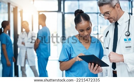 Doctor, student and hospital training on tablet with advice and wisdom from medical professional. Healthcare, mentor and management of patient record online insight with senior medicare expert.