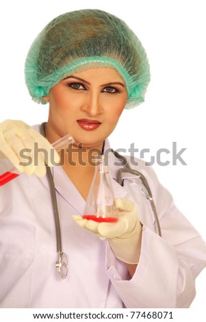 Doctor Student Indian Female Researcher Holding Up A Test Tube In Chemistry Bright Labaratory Doctor Student Indian Female Researcher Holding Up A Test Tube In Chemistry Bright Labaratory