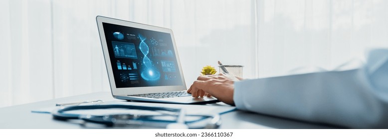 Doctor studying genetic disease in DNA research with laptop, analyze genetic data, formulate medical treatment strategies, and develop healthcare plan for patient with innovative solution. Neoteric - Powered by Shutterstock