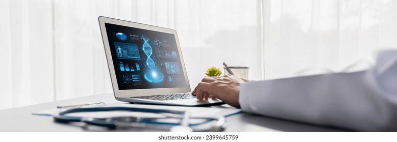 Doctor studying genetic disease in DNA research with laptop, analyze genetic data, formulate medical treatment strategies, and develop healthcare plan for patient with innovative solution. Neoteric - Powered by Shutterstock