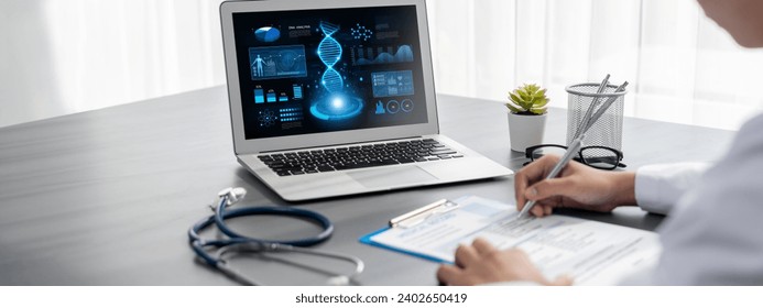 Doctor studying genetic disease in DNA research with laptop, analyze genetic data, formulate medical treatment strategies, and develop healthcare plan for patient with innovative solution. Neoteric - Powered by Shutterstock