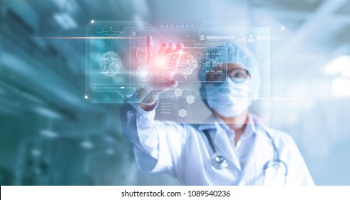Doctor, surgeon analyzing patient brain testing result and human anatomy on technological digital futuristic virtual  interface, digital holographic, innovative in science and medicine concept

