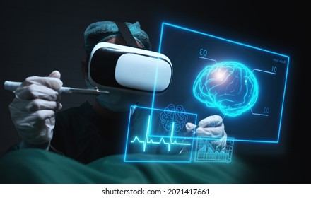 Doctor surgeon operating on ill patient brain using tools and computer holographic user interface UI simulation technology concept, futuristic innovation tech medical healthcare operation room - Powered by Shutterstock