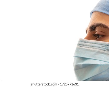 Doctor With Surgical Mask Isolated On White Background. Medical Staff Protective Gear Against Coronavirus COVID 19. Health Care, Hospital Safety Concept