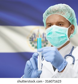 Doctor With Syringe In Hands And Flag On Background Series - El Salvador