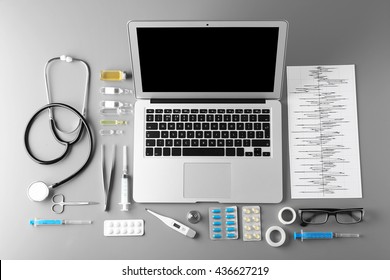 Doctor Table With Medical Items. Flat Lay