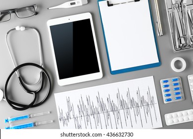 Doctor Table With Medical Items. Flat Lay