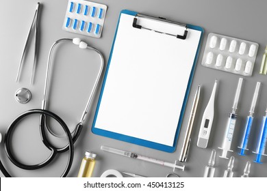 Doctor Table With Medical Items. Flat Lay