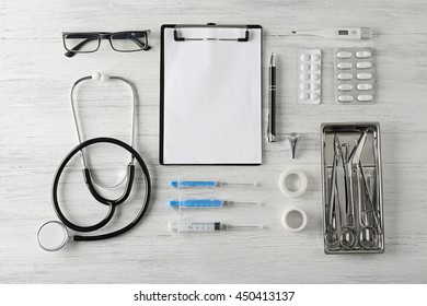 Doctor Table With Medical Items. Flat Lay