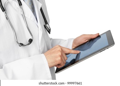 Doctor With Tablet Computer. Isolated Over White Background.