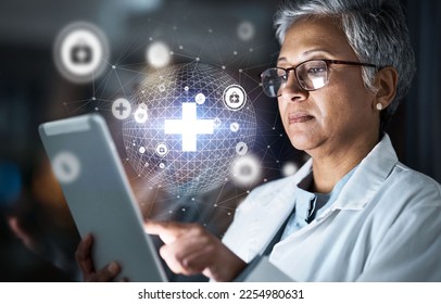 Doctor, tablet or futuristic global healthcare on cybersecurity, life insurance or data safety app on night hospital network. Thinking, woman or medical technology hologram and overlay for research - Powered by Shutterstock - Get 15% off with code: PIKWIZARD15