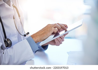 Doctor Tablet, Hospital Planning And Consulting With People On The Internet, Reading Clinic Schedule And Communication Online At Work. Healthcare Nurse Typing On Technology While Working As A Medic