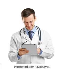 Doctor With Tablet Isolated On White