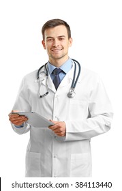 Doctor with tablet isolated on white