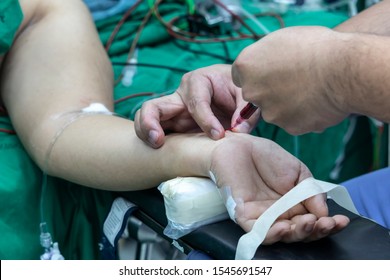 Doctor Taking Blood Sample From Patient In The Operating Room. Blood Drawing Sample For Blood Test The Health.