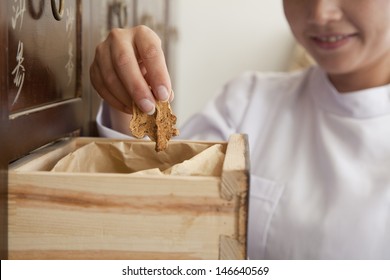 Doctor Taking Herb Used For Traditional Chinese Medicine Out Of A Drawer