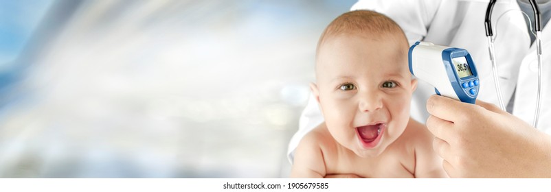 Doctor Taking Small Baby's Temperature, Doctor Baby Examine Detail Wide Bussiness Banner. Copy Space For Text.