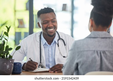 Doctor talking to patient in medical consultation, checkup and visit in a clinic, hospital and healthcare center. Professional, gp and frontline worker listening and writing prescription medication - Shutterstock ID 2191542439