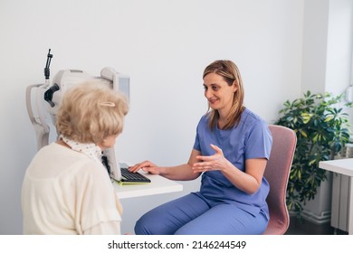 Doctor Talking To A Senior Patient. Eye Clinic Concept