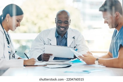 Doctor Team Conversation About Medical Document In A Meeting Together At Work. Healthcare Workers Talking While Planning, Communication And Strategy In A Hospital Office Or Boardroom With Teamwork