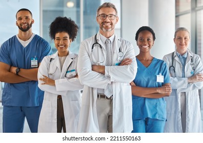 Doctor, team and hospital at work smile together for portrait in medical facility. Medic, nurse and healthcare in clinic with workers showing happiness, confidence and diversity for teamwork in Miami - Powered by Shutterstock