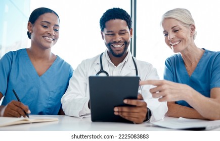 Doctor, team and tablet in meeting with smile for medical strategy, planning or schedule at the hospital. Healthcare professional employee workers in diversity for insurance discussion on touchscreen - Shutterstock ID 2225083883