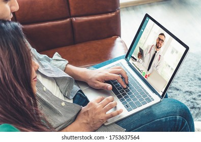 Doctor telemedicine service online video for virtual patient health medical chat . Remote doctor healthcare consultant from home using online mobile device connect to internet for live video call .