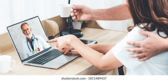 Doctor telemedicine service online video for virtual patient health medical chat . Remote doctor healthcare consultant from home using online mobile device connect to internet for live video call .