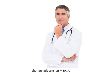 Doctor Thinking With Hand On Chin On White Background