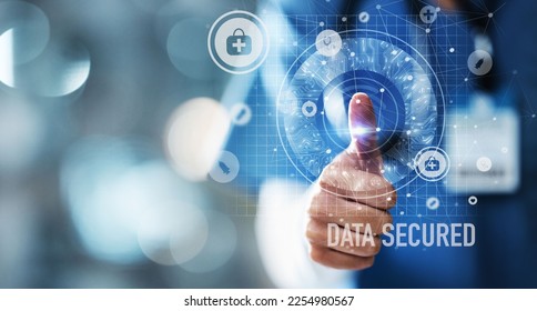 Doctor, thumb or fingerprint scan of dna, healthcare data or medical profile on interactive, futuristic or hospital hologram. Zoom, nurse or woman and abstract touch for future cybersecurity wellness