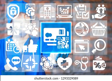 Doctor Touch A Credit Card Qr Code Icon On A Virtual Screen. Internet Pay App Website Drugstore. Web Medical Acquirement, Online Payment. Buy Pills, Mobile Shopping Medicinal. Pharmacy Procurement.