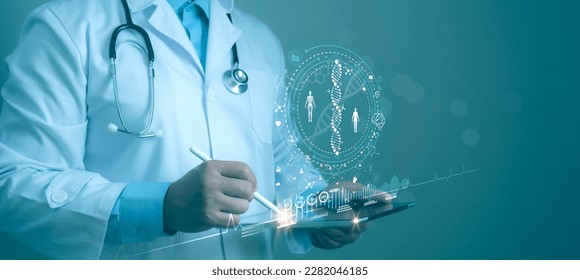 Doctor touch on virtual interface with analysis chromosome DNA genetic of human.Digital healthcare and network connection on modern interface, medical technology and futuristic concept.