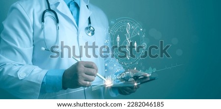 Doctor touch on virtual interface with analysis chromosome DNA genetic of human.Digital healthcare and network connection on modern interface, medical technology and futuristic concept.
