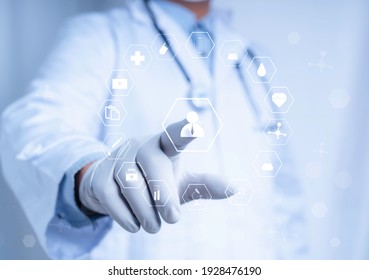 
Doctor Touch Virtual Screen With White Icon Medical On White Background, Medical Technology Network Concept