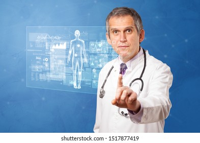 Doctor Touching Blue Screen With Full Body Analyze Concept