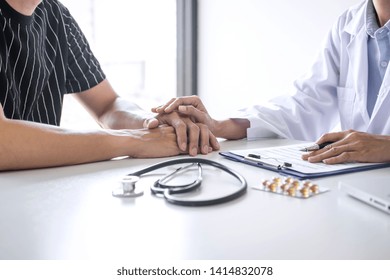 Doctor Touching Patient Hand For Encouragement And Empathy In The Hospital, Cheering And Support Patient, Bad News, Medical Examination, Trust And Ethics.