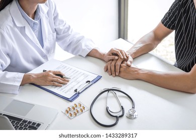 Doctor Touching Patient Hand For Encouragement And Empathy In The Hospital, Cheering And Support Patient, Bad News, Medical Examination, Trust And Ethics.