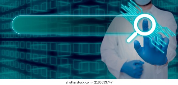 Doctor Touching Search Bar With Finger On Search Bar. Scientist With Gloves And Mask Clicking On Search Symbol And Illustrate Important Message In Digital Searching Box