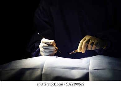 Doctor Undergoing Surgery And Abdominal Surgery Of The Patient In The Operating Room In The Hospital. Close Up Of Doctor Carrying A Scalpel And  Forcep Tweezer For Abdominal Surgery.