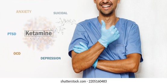 A Doctor In A Uniform Showing Thumbs Up Gesture Class On A White Background With The Inscription Ketamine