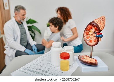 Doctor Urologist Consultation For Male Child. Collecting Urine To Tests For Treatment Of Children Kidney Diseases At Urology In Foreground