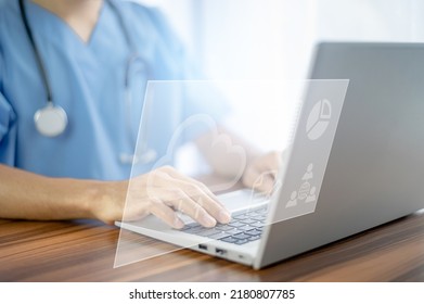 Doctor Use Computer Connection Server Data Base Patient For Technology Treatment In Hospital 